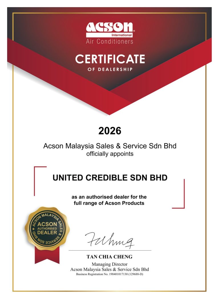 Acson Certificate of Dealership appointing United Credible Sdn Bhd as authorised dealer