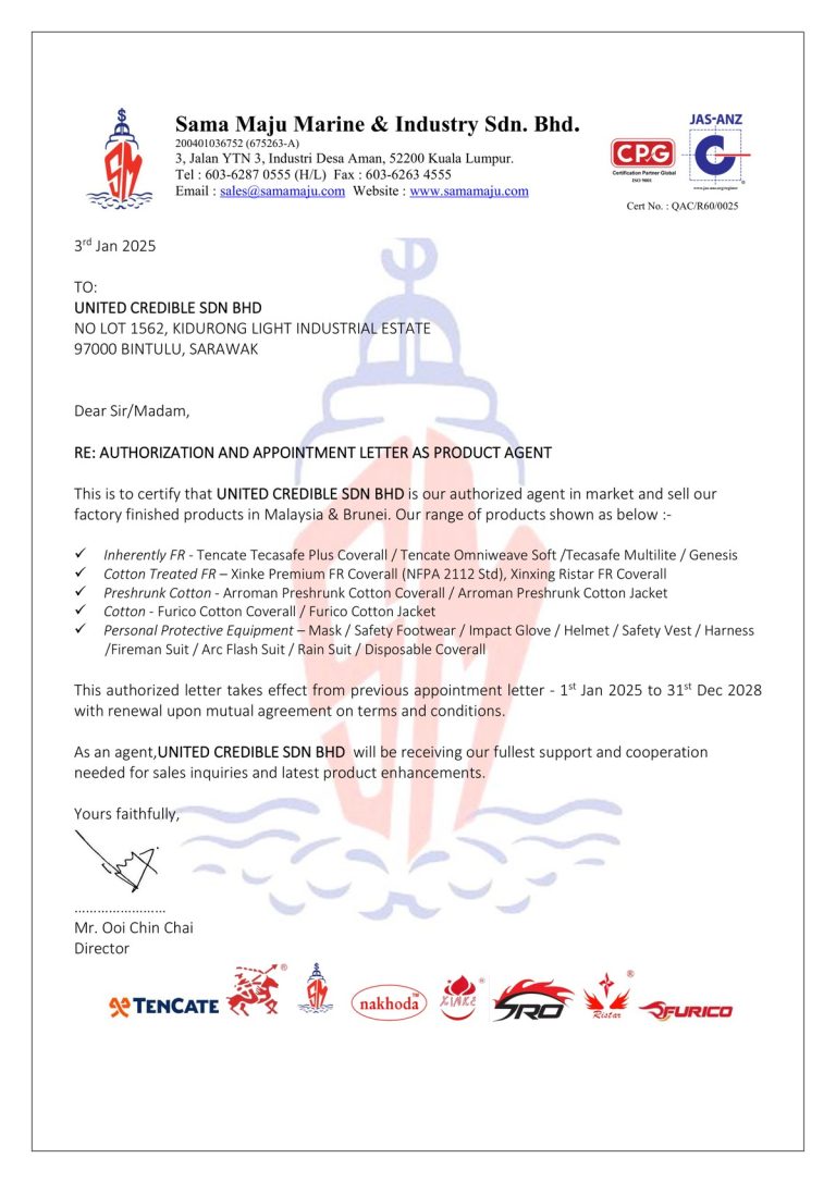 Sama Maju Marine and Industry letter appointing United Credible as authorised PPE product agent
